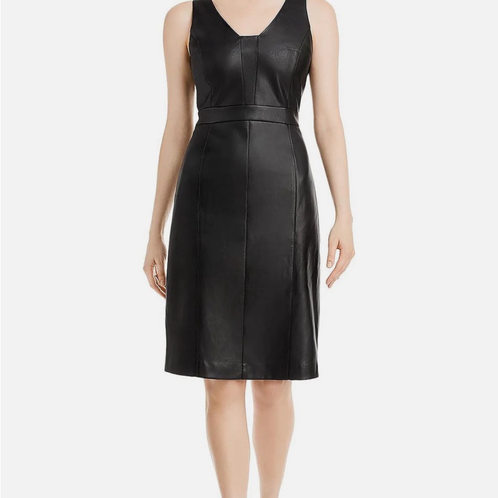 Tahari faux leather v-neck dress